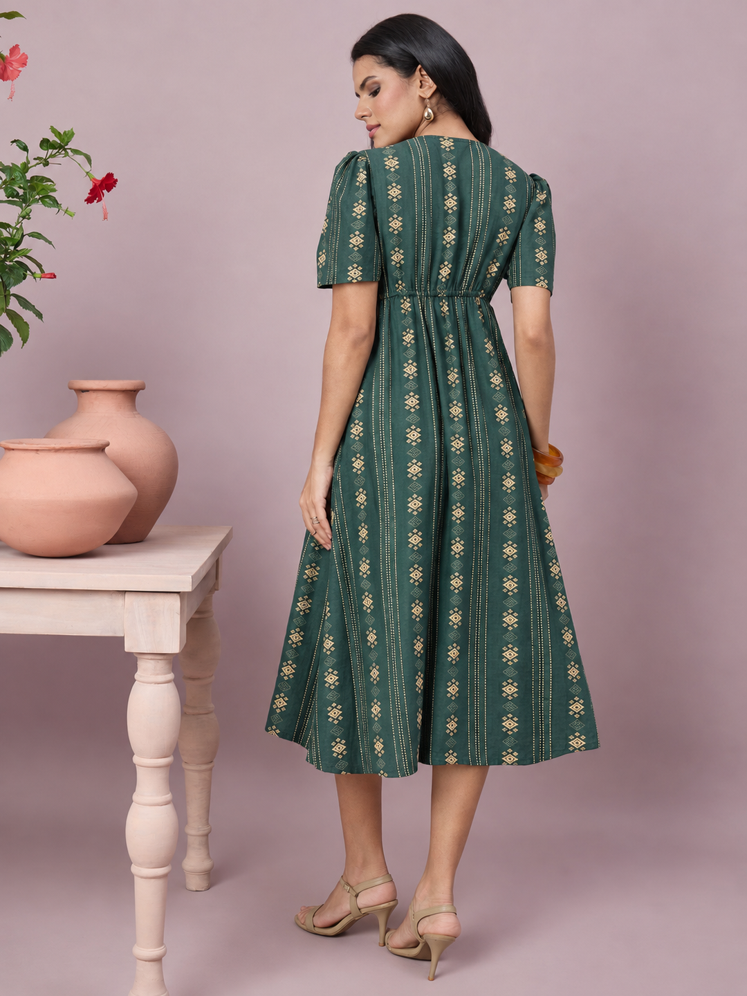 Women’s Printed V-Neck Midi Dress | Front Button Short Sleeve Outfit