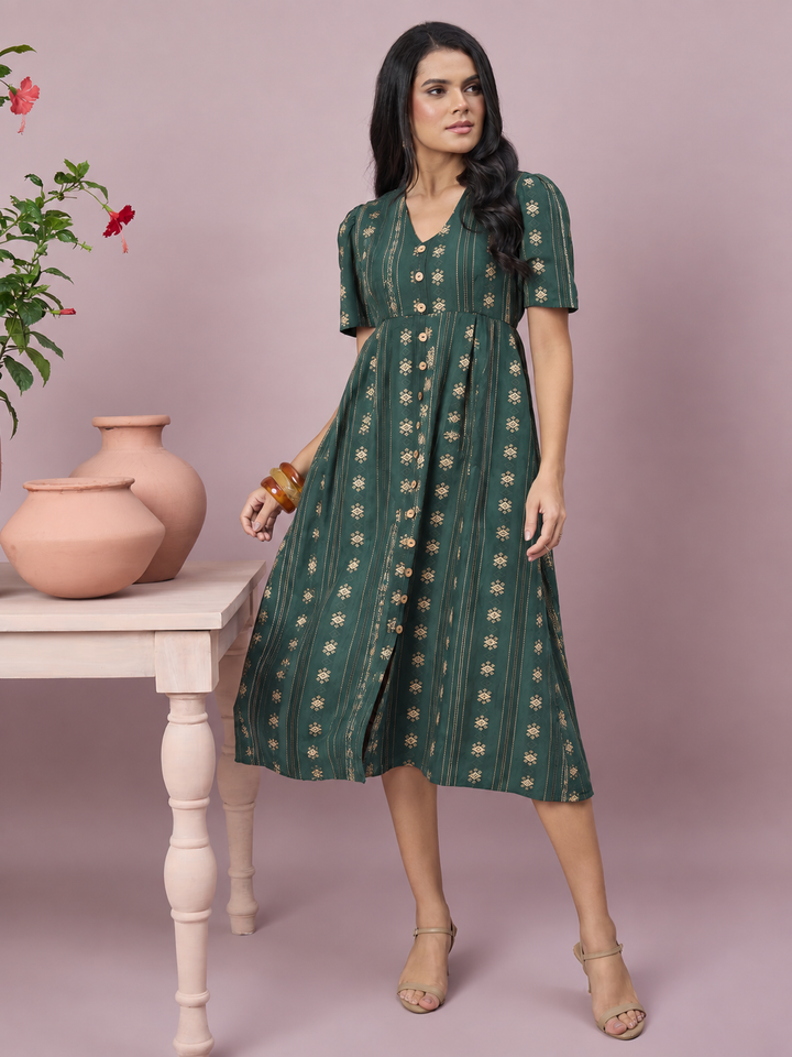 Women’s Printed V-Neck Midi Dress | Front Button Short Sleeve Outfit