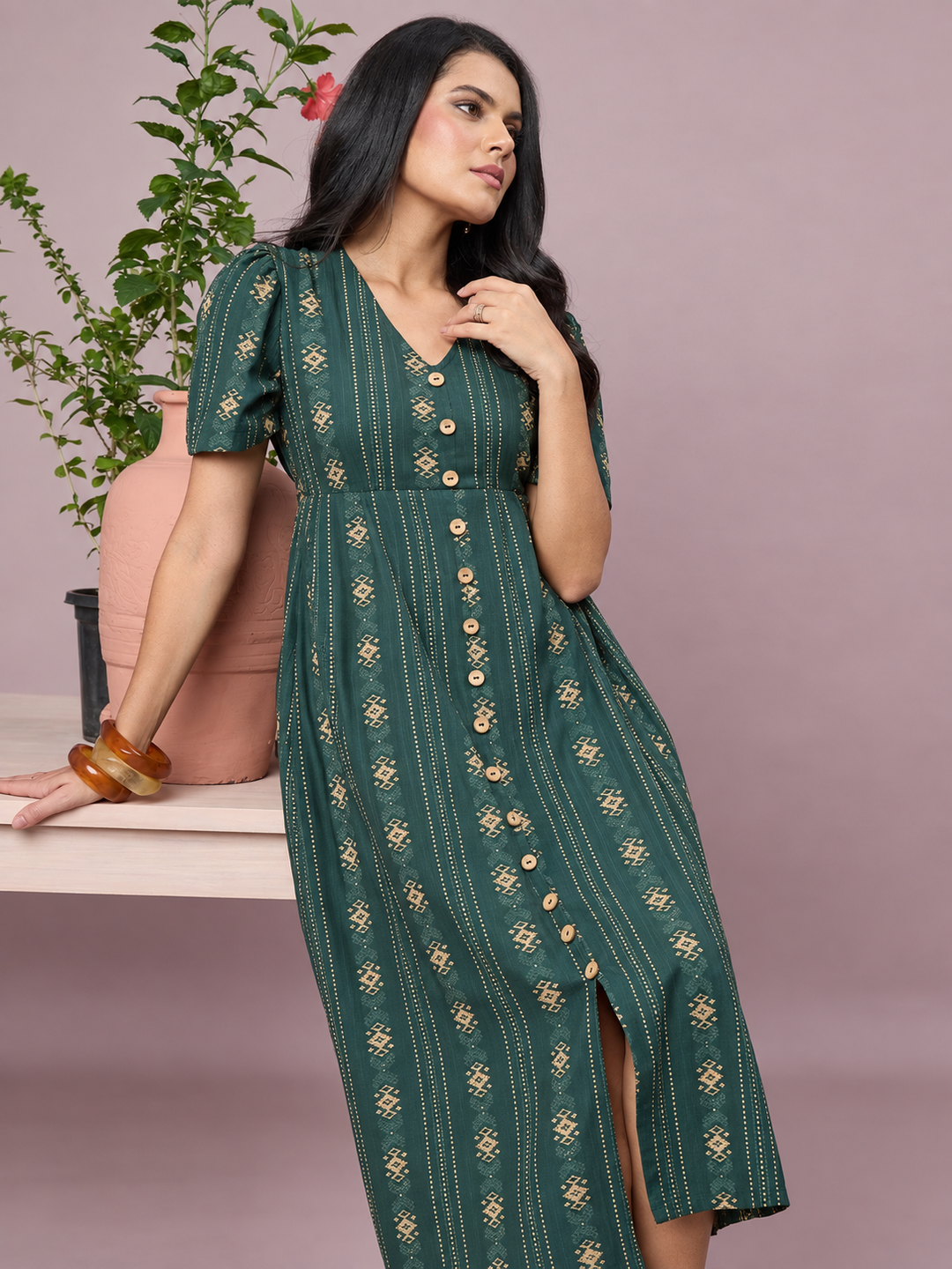 Women’s Printed V-Neck Midi Dress | Front Button Short Sleeve Outfit