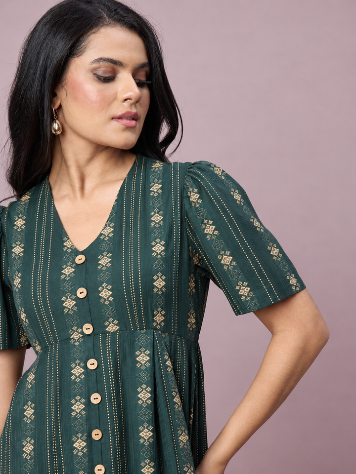 Women’s Printed V-Neck Midi Dress | Front Button Short Sleeve Outfit