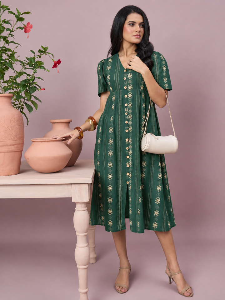 Women’s Printed V-Neck Midi Dress | Front Button Short Sleeve Outfit