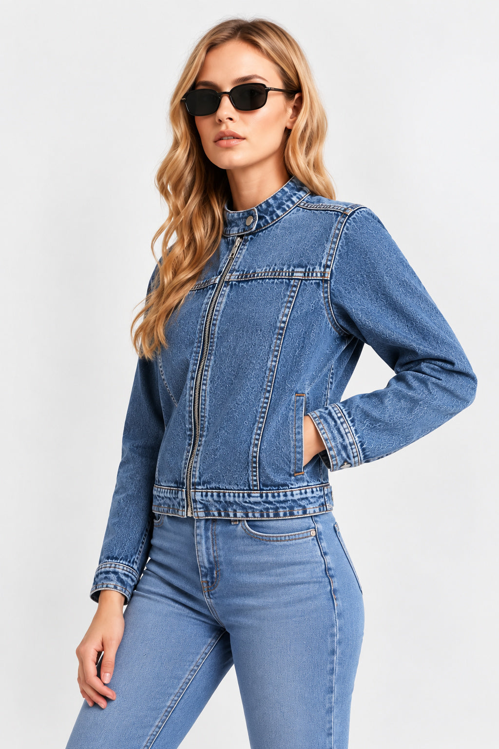 Women’s Blue Zip-Up Denim Moto Jacket | Stand Collar Washed Jean Jacket