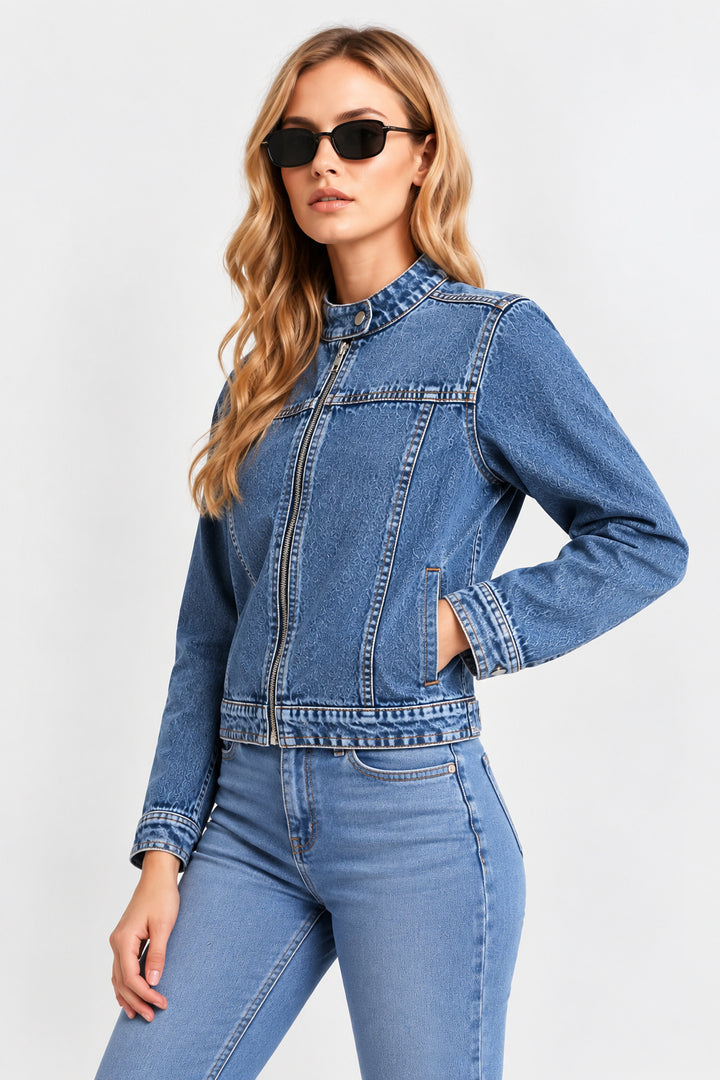 Women’s Blue Zip-Up Denim Moto Jacket | Stand Collar Washed Jean Jacket