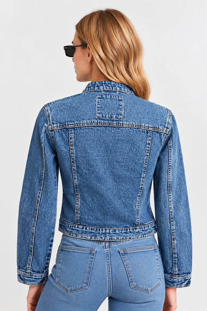 Women’s Blue Zip-Up Denim Moto Jacket | Stand Collar Washed Jean Jacket