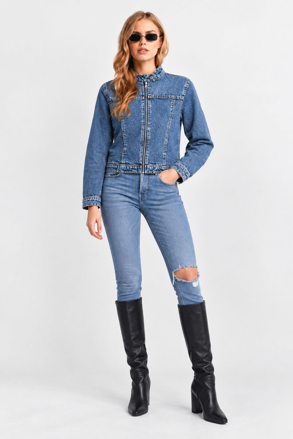 Women’s Blue Zip-Up Denim Moto Jacket | Stand Collar Washed Jean Jacket