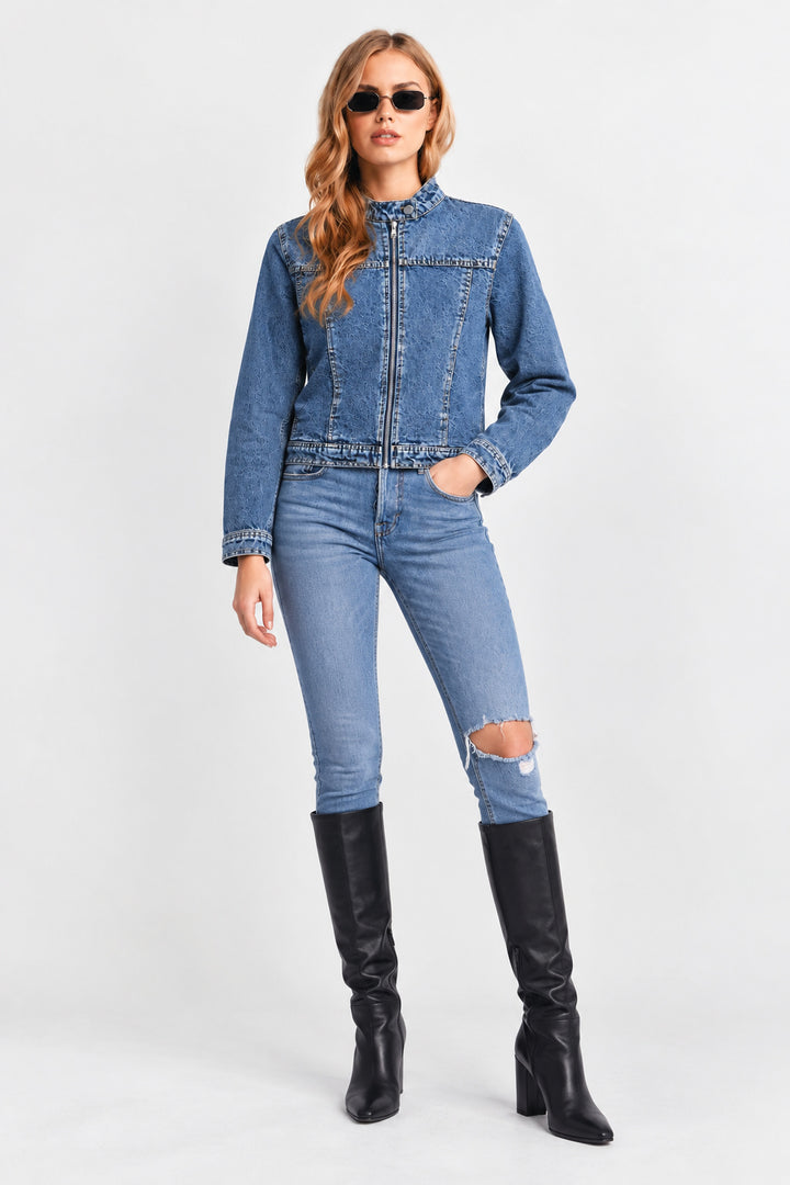 Women’s Blue Zip-Up Denim Moto Jacket | Stand Collar Washed Jean Jacket