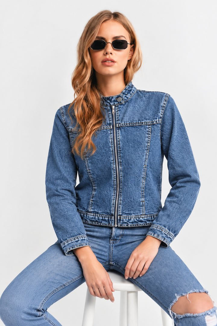 Women’s Blue Zip-Up Denim Moto Jacket | Stand Collar Washed Jean Jacket