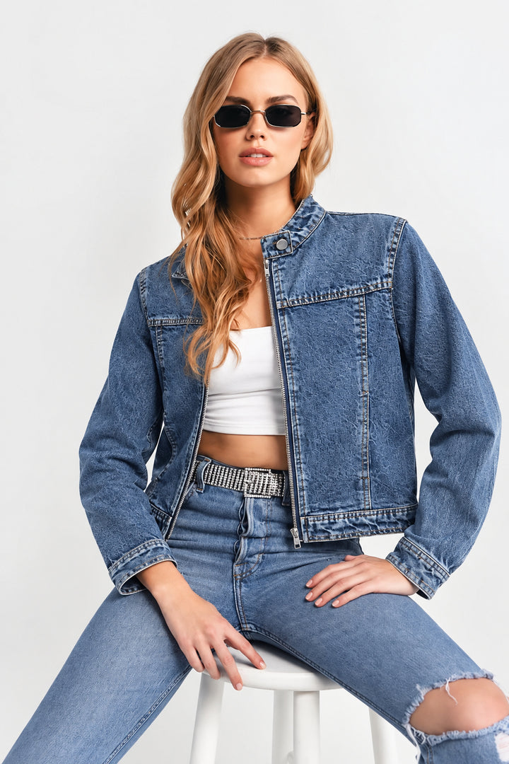 Women’s Blue Zip-Up Denim Moto Jacket | Stand Collar Washed Jean Jacket