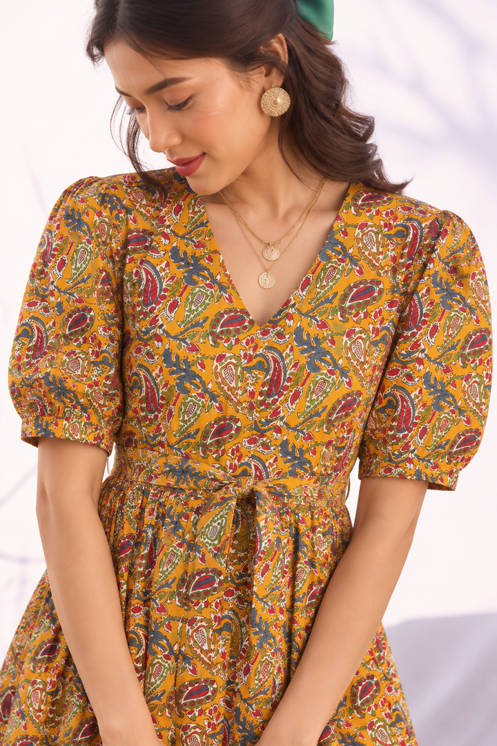 Paisley Print Puff Sleeve Midi Dress with Belt