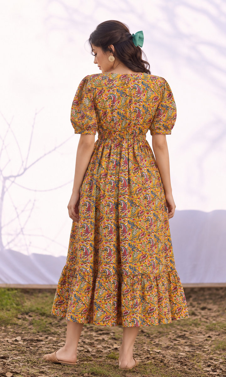 Paisley Print Puff Sleeve Midi Dress with Belt