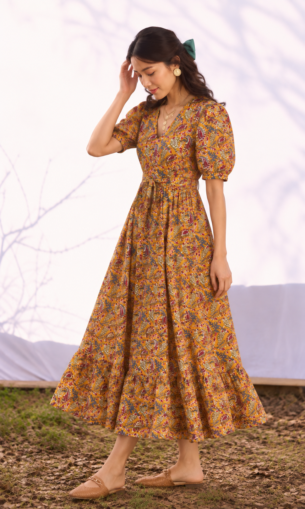 Paisley Print Puff Sleeve Midi Dress with Belt