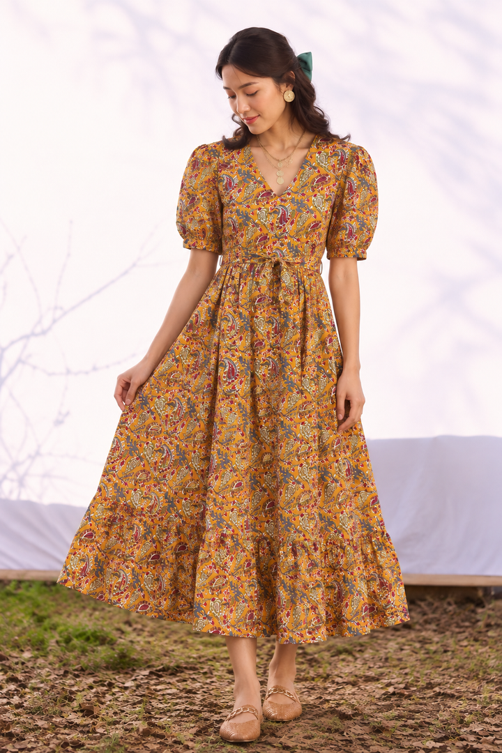 Paisley Print Puff Sleeve Midi Dress with Belt