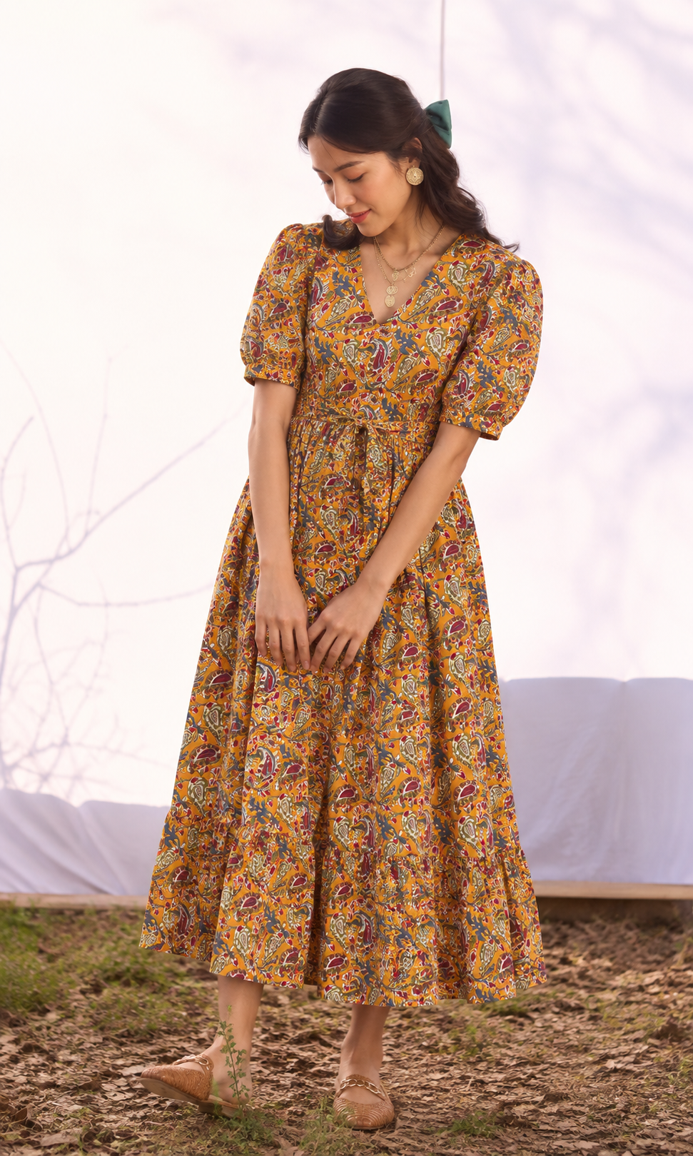 Paisley Print Puff Sleeve Midi Dress with Belt