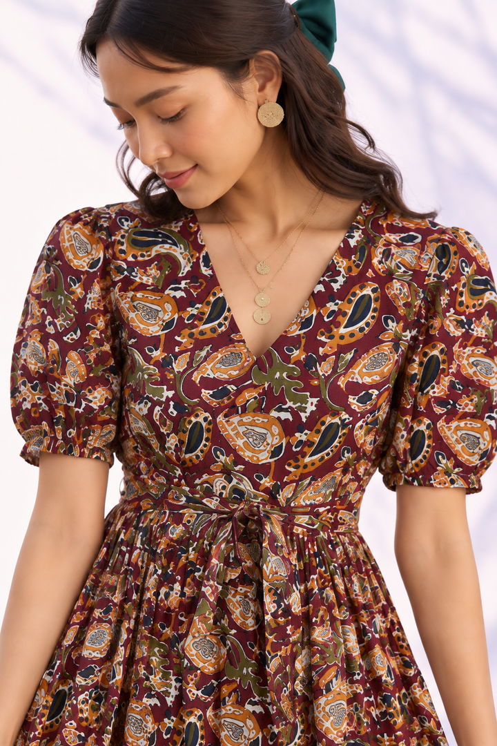 Paisley Print Puff Sleeve Midi Dress with Belt