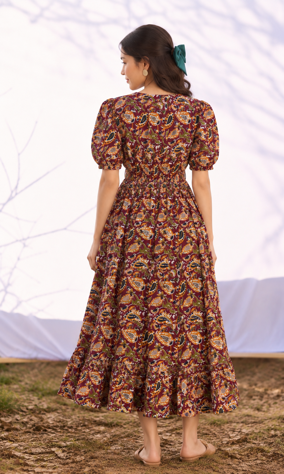 Paisley Print Puff Sleeve Midi Dress with Belt