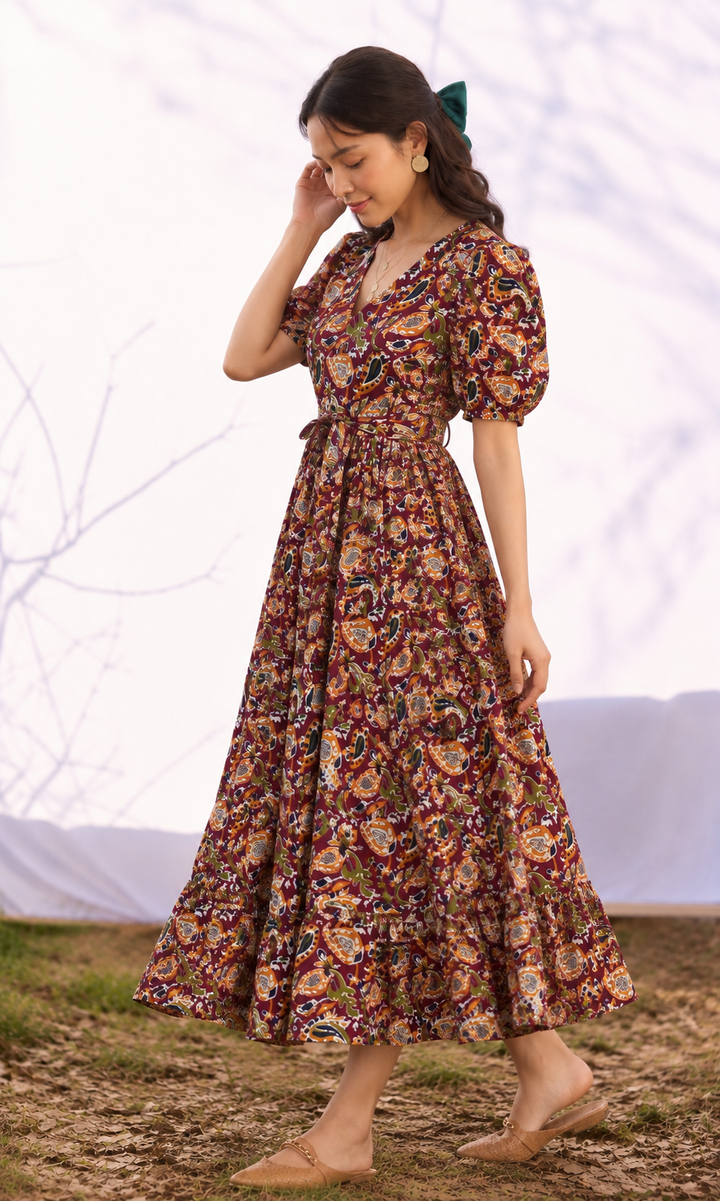 Paisley Print Puff Sleeve Midi Dress with Belt