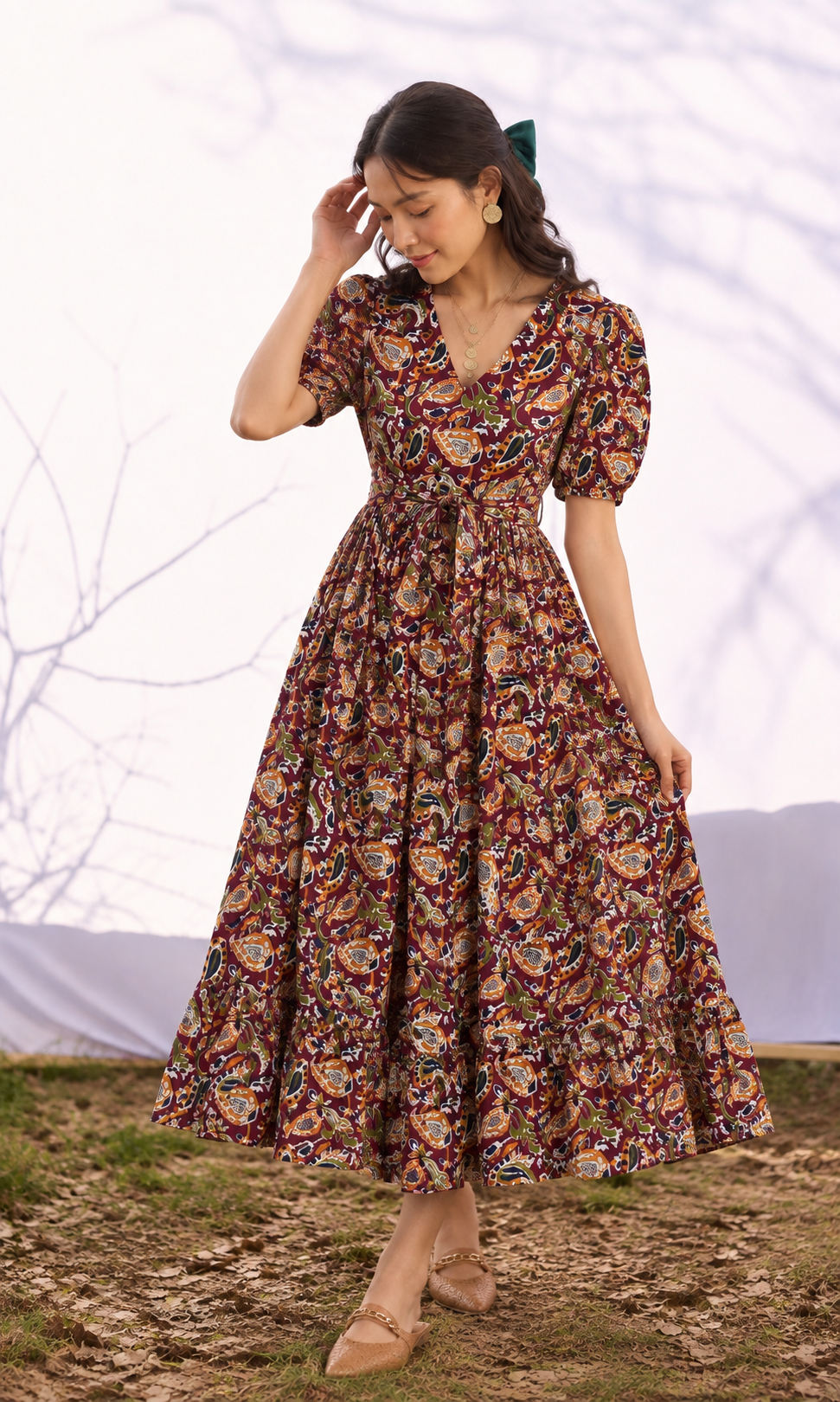 Paisley Print Puff Sleeve Midi Dress with Belt