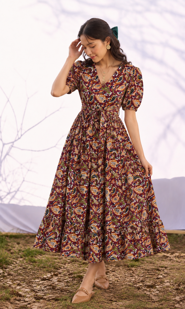 Paisley Print Puff Sleeve Midi Dress with Belt