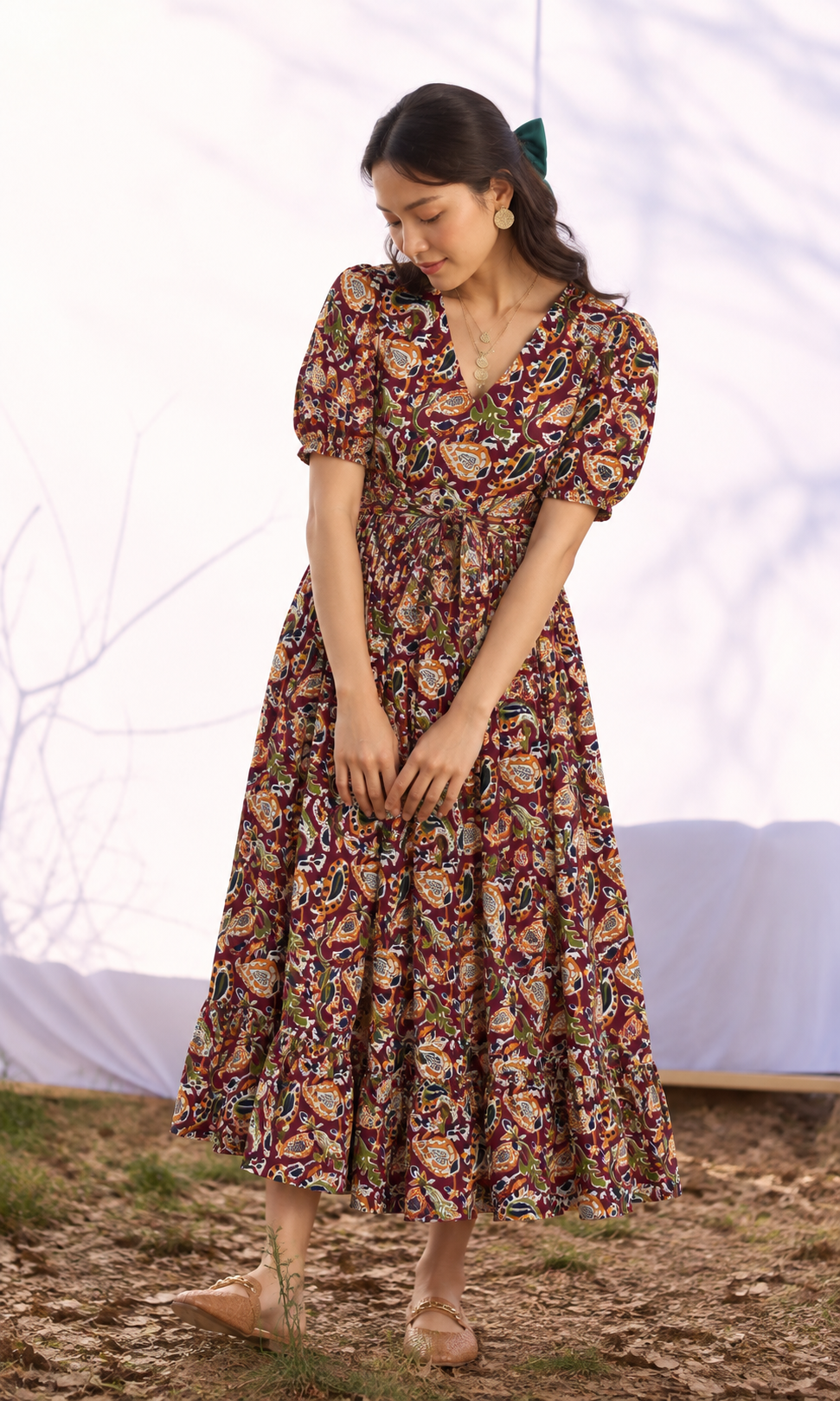 Paisley Print Puff Sleeve Midi Dress with Belt