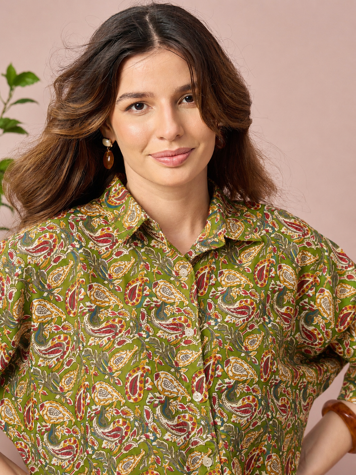 Women’s Paisley Print Shirt | 3/4 Sleeve Button-Down Casual Top for Women | Stylish Printed Western Wear Shirt