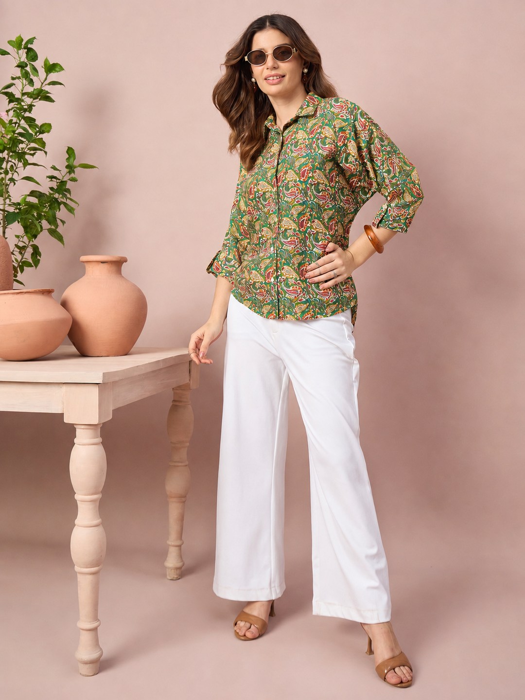 Women’s Paisley Print Shirt | 3/4 Sleeve Button-Down Casual Top for Women | Stylish Printed Western Wear Shirt