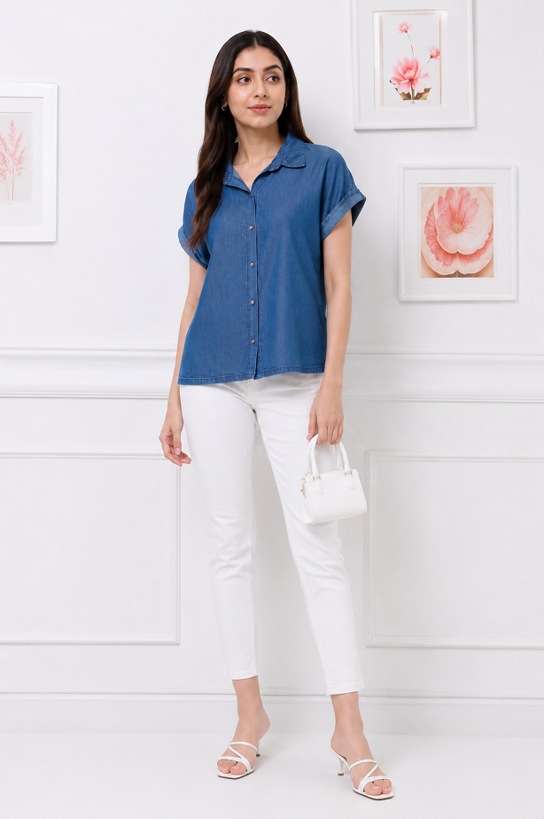 Women’s Blue Chambray Button-Down Shirt