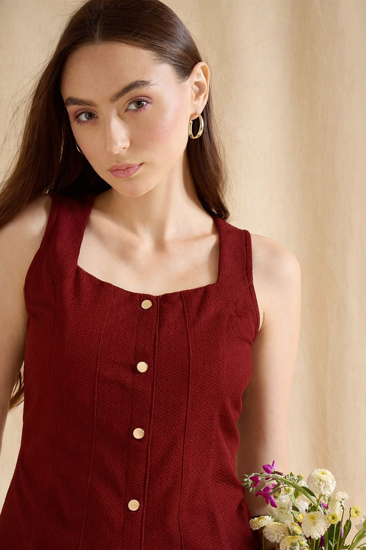 Black Sleeveless Button Down Square Neck Fitted Casual Top