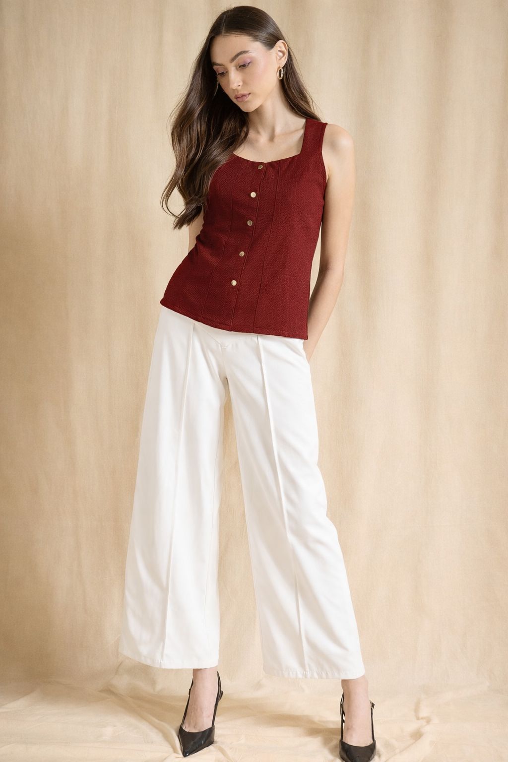 Black Sleeveless Button Down Square Neck Fitted Casual Top